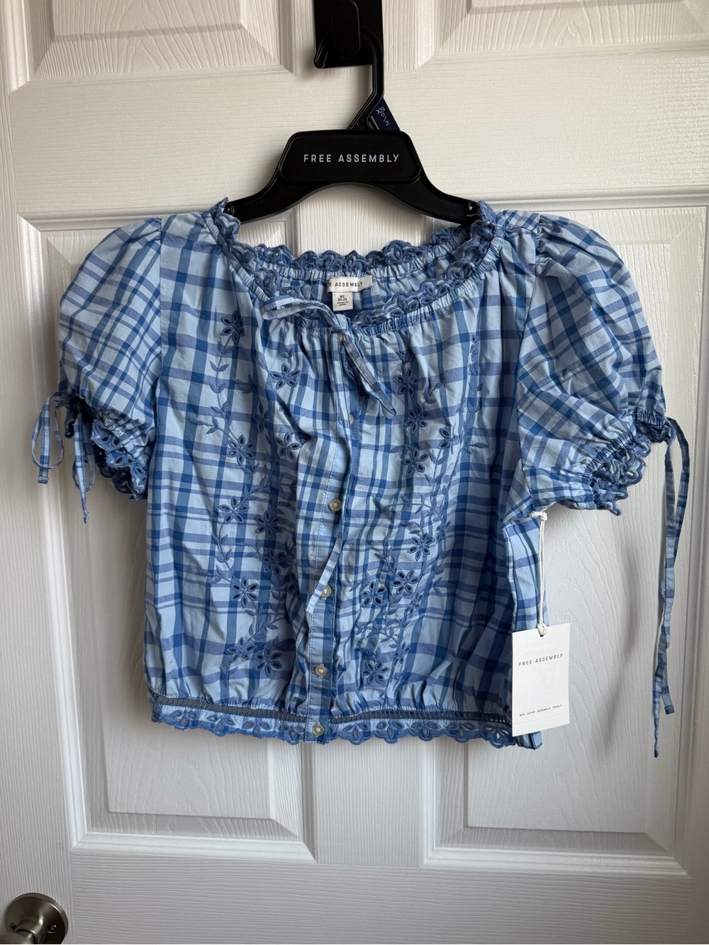 Free Assembly Light Blue Plaid Embroidered Puff-Sleeve Crop Top